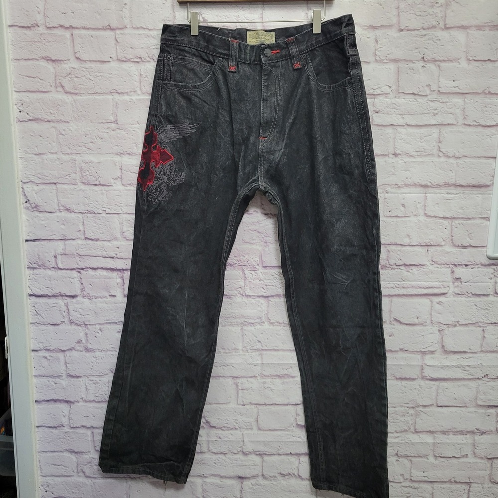 VTG Gold Label Embroidered Jeans Mens 36x34 Cross Wings‎ Y2K Cyber Grunge Goth